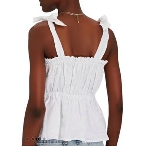 Faithful The Brand Camille Elegant White Linen Ruffle Strap Tank Top. Cropped